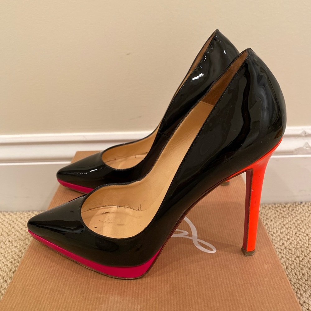 Christian Louboutin 
Size 35 
Black patent with neon accent